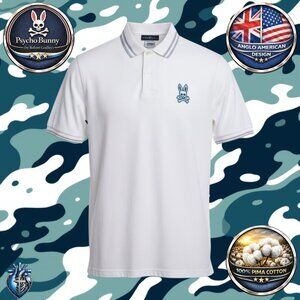 Psycho Bunny White Piqué Polo Shirt Size 6 L Tipped Collar Skull Bunny Logo